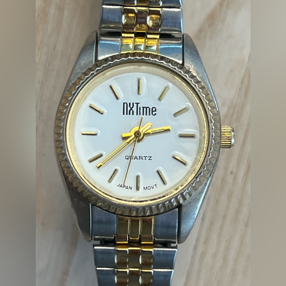 NXTime Ladies Watch Two Tone Stretch Bracelet Round White Dial Luminous Hands